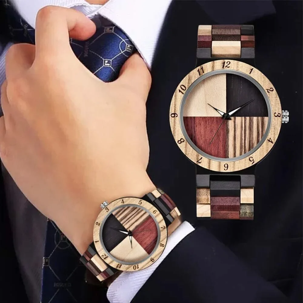 🆕Dentily Quartz Men Tan Inverted Geometric Creative Hand-Made Wooden Watches
